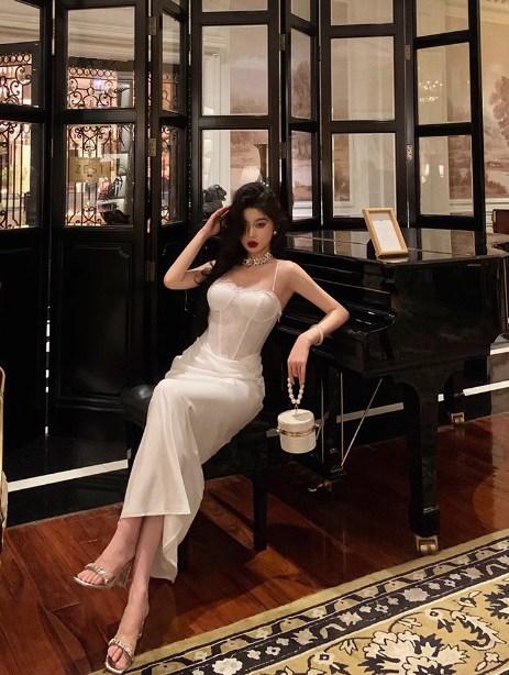 Vestido elegante de sirena con tirantes finos para fiesta de 18 años, color blanco. Ideas para vestidos de cumpleaños para mujeres (DP579).