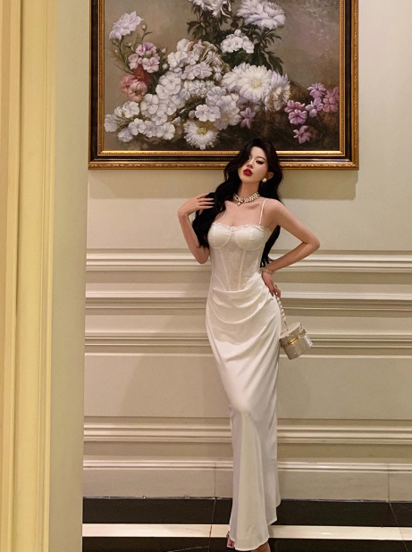 Vestido elegante de sirena con tirantes finos para fiesta de 18 años, color blanco. Ideas para vestidos de cumpleaños para mujeres (DP579).