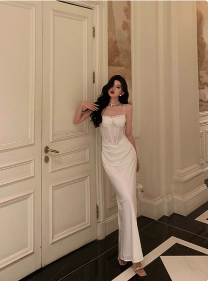 Vestido elegante de sirena con tirantes finos para fiesta de 18 años, color blanco. Ideas para vestidos de cumpleaños para mujeres (DP579).