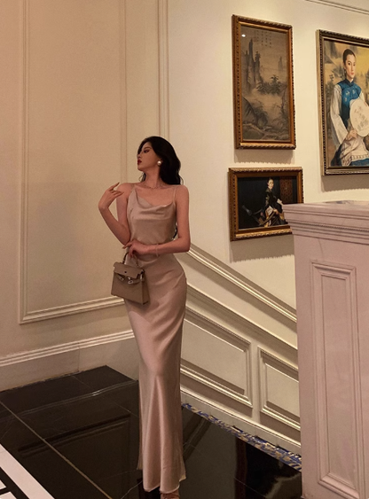 Vestido elegante de sirena con tirantes finos color champán para fiesta de 18 cumpleaños. Ideas de vestidos de cumpleaños para mujeres (DP580).