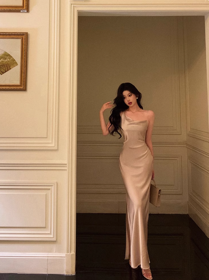 Vestido elegante de sirena con tirantes finos color champán para fiesta de 18 cumpleaños. Ideas de vestidos de cumpleaños para mujeres (DP580).