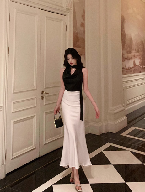 Vestido elegante de sirena de dos piezas, blanco y negro, para fiesta de 18 cumpleaños, atuendos para 21 cumpleaños, ideas de vestidos de cumpleaños para mujeres DP585