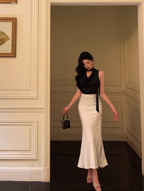 Vestido elegante de sirena de dos piezas, blanco y negro, para fiesta de 18 cumpleaños, atuendos para 21 cumpleaños, ideas de vestidos de cumpleaños para mujeres DP585