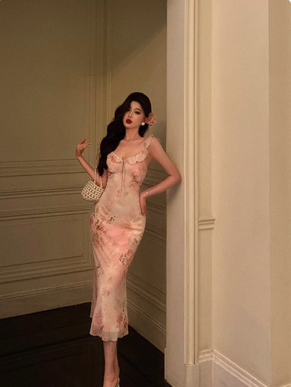 Elegante vestido de fiesta de 18 años de gasa con estampado floral rosa, ideal para cumpleaños, DP592