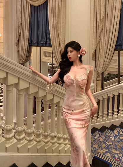 Elegante vestido de fiesta de 18 años de gasa con estampado floral rosa, ideal para cumpleaños, DP592