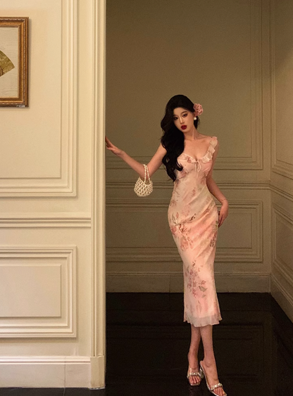 Elegante vestido de fiesta de 18 años de gasa con estampado floral rosa, ideal para cumpleaños, DP592
