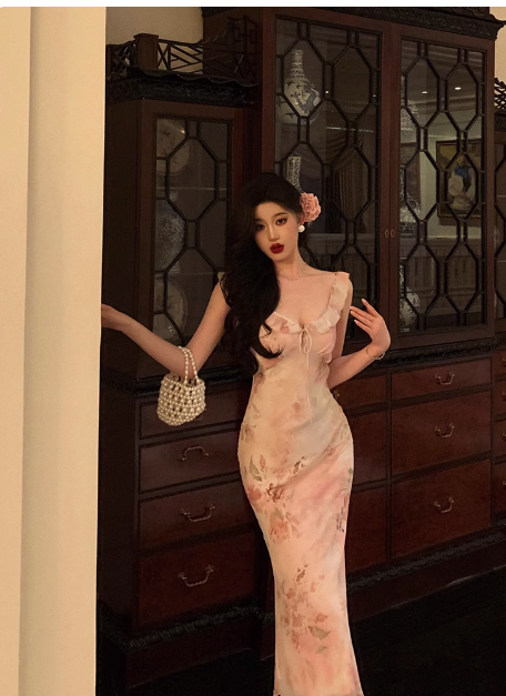 Elegante vestido de fiesta de 18 años de gasa con estampado floral rosa, ideal para cumpleaños, DP592