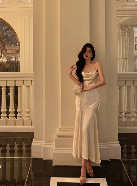 Vestido elegante color marfil con tirantes de sirena para cumpleaños número 18, ideas para vestidos de cumpleaños número 21 para mujeres (DP594)