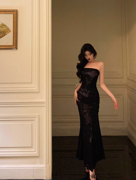 Vestido elegante de sirena sin tirantes, negro, para fiesta de 18 cumpleaños, atuendos para 21 cumpleaños, ideas de vestidos de cumpleaños para mujeres DP595
