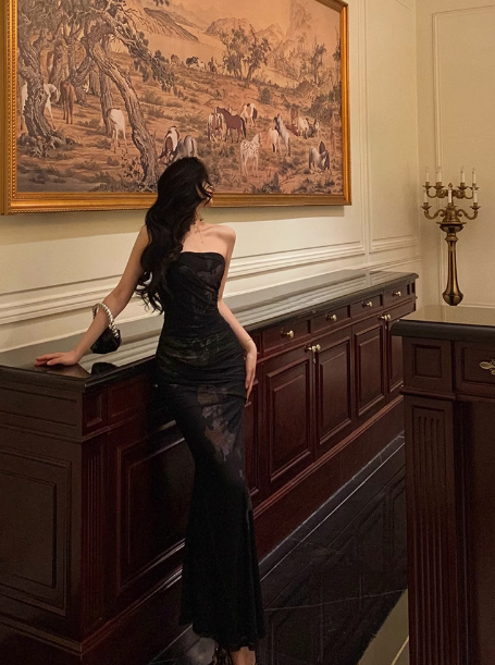 Vestido elegante de sirena sin tirantes, negro, para fiesta de 18 cumpleaños, atuendos para 21 cumpleaños, ideas de vestidos de cumpleaños para mujeres DP595