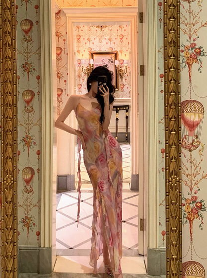 Vestido largo elegante de gasa con estampado floral rosa y corte sirena para fiesta de 18 cumpleaños. Ideas para vestidos de cumpleaños de 21 años para mujeres (DP601)