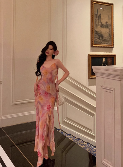 Vestido largo elegante de gasa con estampado floral rosa y corte sirena para fiesta de 18 cumpleaños. Ideas para vestidos de cumpleaños de 21 años para mujeres (DP601)