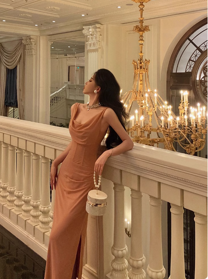 Elegante vestido rosa de sirena con abertura para cumpleaños número 18, ideas para vestidos de cumpleaños para mujeres (DP602)