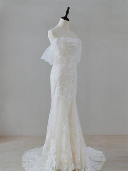 Vestido de novia sirena de ensueño con hombros descubiertos, vestido de novia personalizado, impresionante vestido de novia moderno DP603