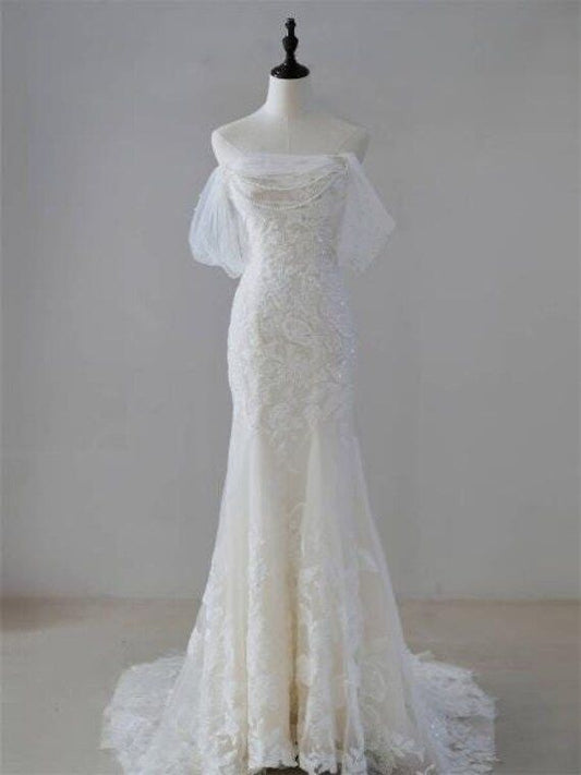 Vestido de novia sirena de ensueño con hombros descubiertos, vestido de novia personalizado, impresionante vestido de novia moderno DP603