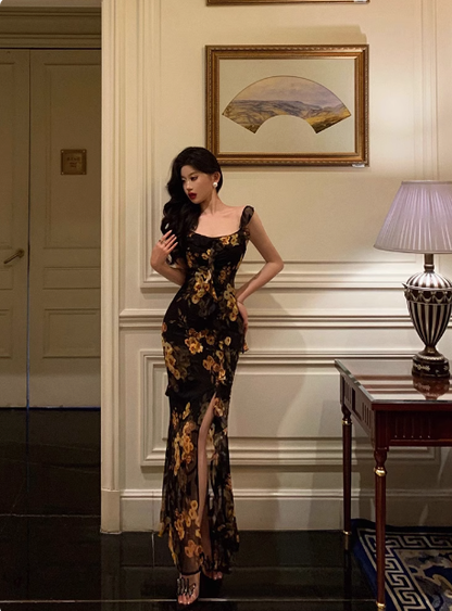 Elegante vestido de fiesta de sirena con estampado floral negro de gasa para 18 cumpleaños. Ideas de vestidos de cumpleaños para mujeres DP603.