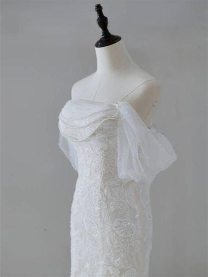 Vestido de novia sirena de ensueño con hombros descubiertos, vestido de novia personalizado, impresionante vestido de novia moderno DP603