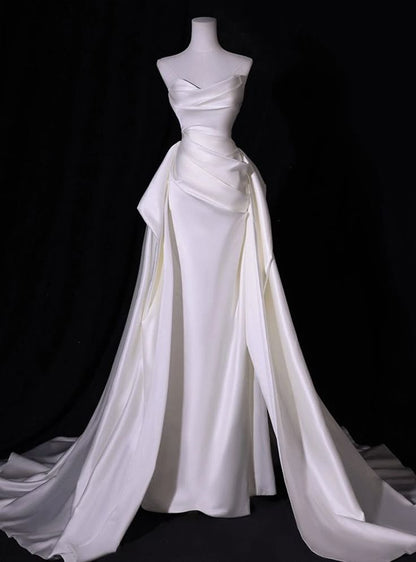 Vestido de novia de verano, sencillo, de sirena, de satén blanco, sin tirantes y plisado, DP604