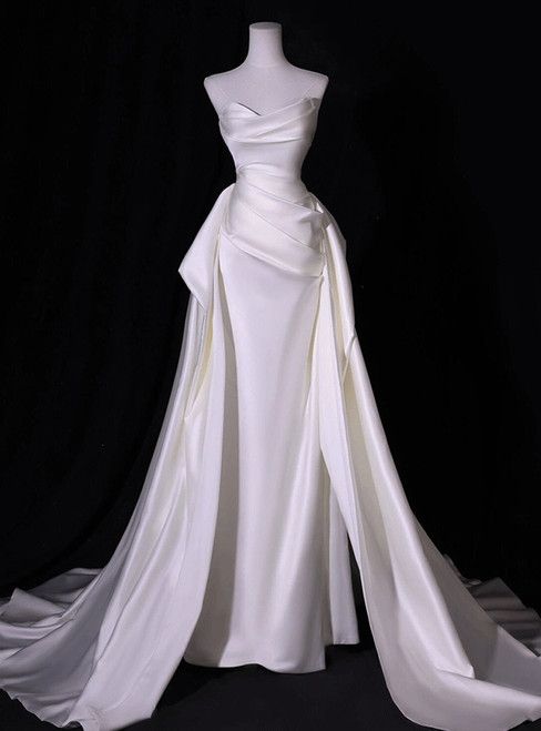 Vestido de novia de verano, sencillo, de sirena, de satén blanco, sin tirantes y plisado, DP604
