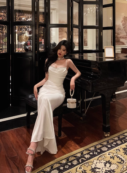 Vestido de fiesta de sirena con tirantes finos, blanco, sin mangas, para cumpleaños número 18, para mujer, DP604