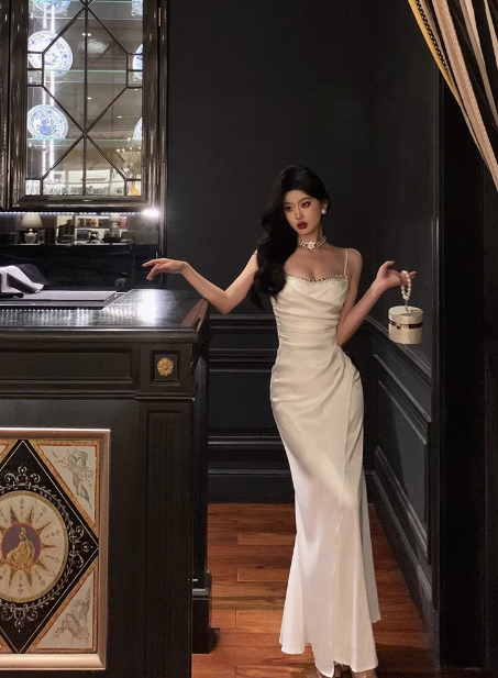 Vestido de fiesta de sirena con tirantes finos, blanco, sin mangas, para cumpleaños número 18, para mujer, DP604