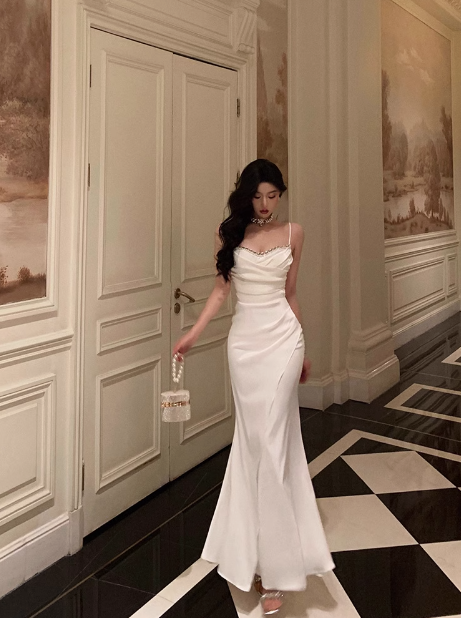 Vestido de fiesta de sirena con tirantes finos, blanco, sin mangas, para cumpleaños número 18, para mujer, DP604