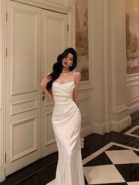 Vestido de fiesta de sirena con tirantes finos, blanco, sin mangas, para cumpleaños número 18, para mujer, DP604