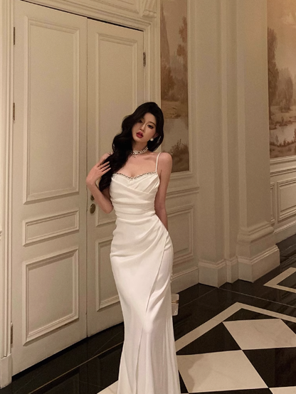 Vestido de fiesta de sirena con tirantes finos, blanco, sin mangas, para cumpleaños número 18, para mujer, DP604