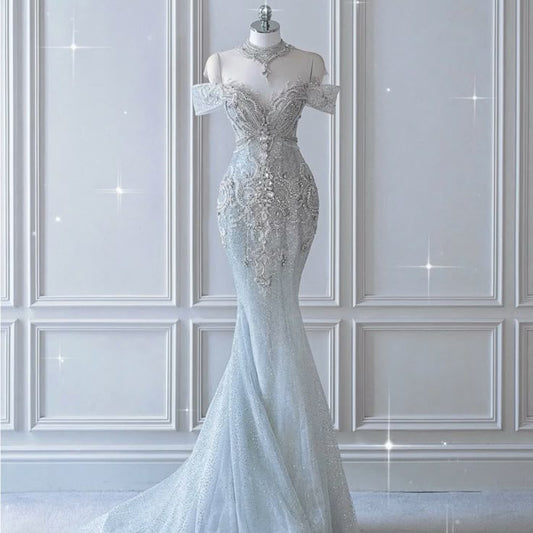 Vestido de novia de sirena de ensueño, elegante vestido de noche plateado con hombros descubiertos, vestido de novia de verano DP605