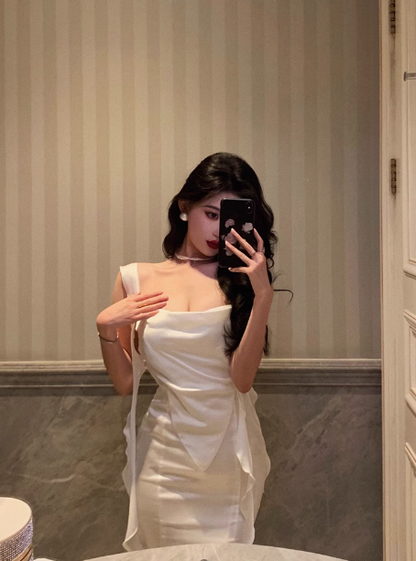 Vestido largo de sirena blanco con cuello cuadrado y elegante para fiesta de 18 cumpleaños, atuendos para 21 cumpleaños, ideas de vestidos de cumpleaños para mujeres DP605