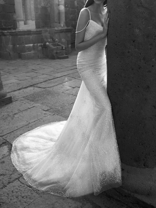 Impresionante vestido de fiesta blanco brillante de sirena con espalda descubierta, vestido de novia, vestido de fiesta, vestido formal DP606