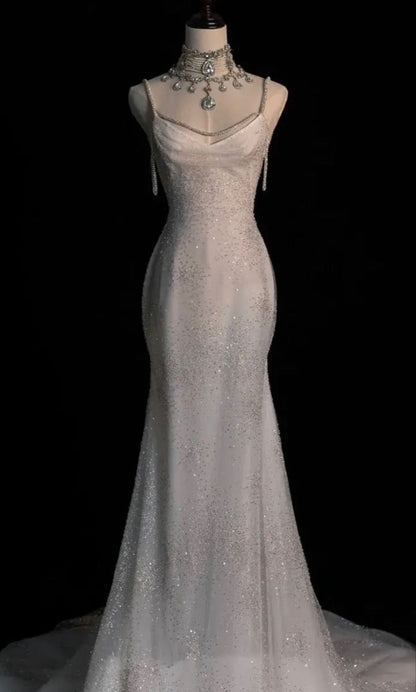 Impresionante vestido de fiesta blanco brillante de sirena con espalda descubierta, vestido de novia, vestido de fiesta, vestido formal DP606