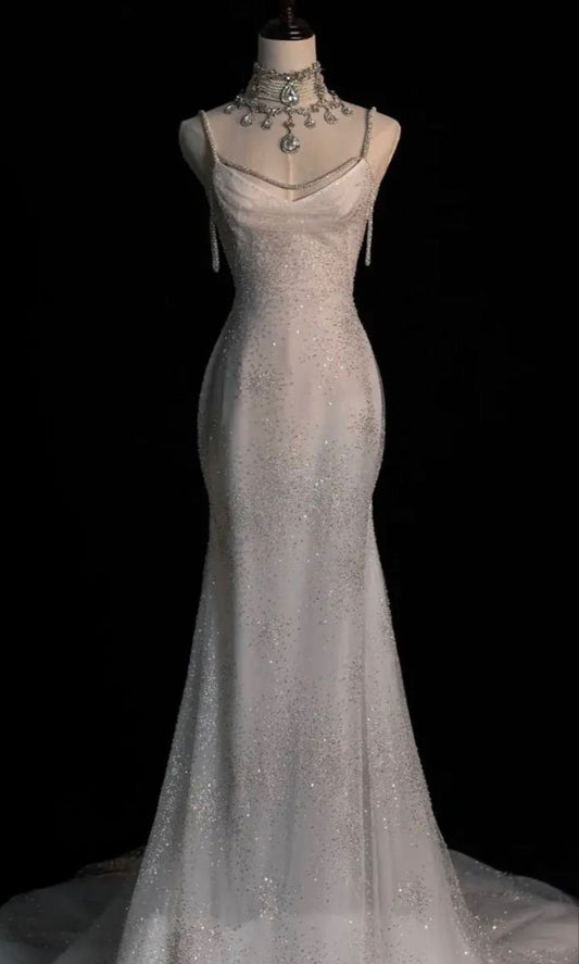 Impresionante vestido de fiesta blanco brillante de sirena con espalda descubierta, vestido de novia, vestido de fiesta, vestido formal DP606