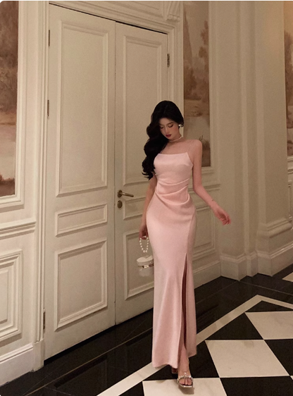 Vestido elegante de sirena con tirantes finos, color rosa, para fiesta de cumpleaños número 18, ideas para vestidos de cumpleaños para mujeres (DP607)