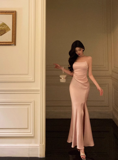 Vestido elegante de sirena con tirantes finos, color rosa, para fiesta de cumpleaños número 18, ideas para vestidos de cumpleaños para mujeres (DP607)