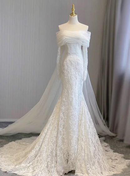 Vestidos de novia de ensueño, corte A, cuello con solapa y muescas, manga larga, cola de corte, vestido de novia de verano DP608