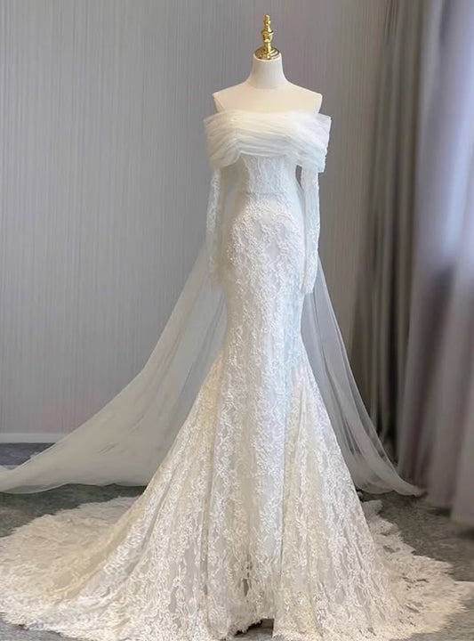 Vestidos de novia de ensueño, corte A, cuello con solapa y muescas, manga larga, cola de corte, vestido de novia de verano DP608
