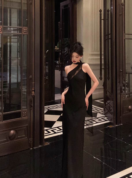 Elegante vestido negro de fiesta de cumpleaños número 18, corte A, de un solo hombro, con escote en A, ideas para vestidos de cumpleaños para mujeres DP608