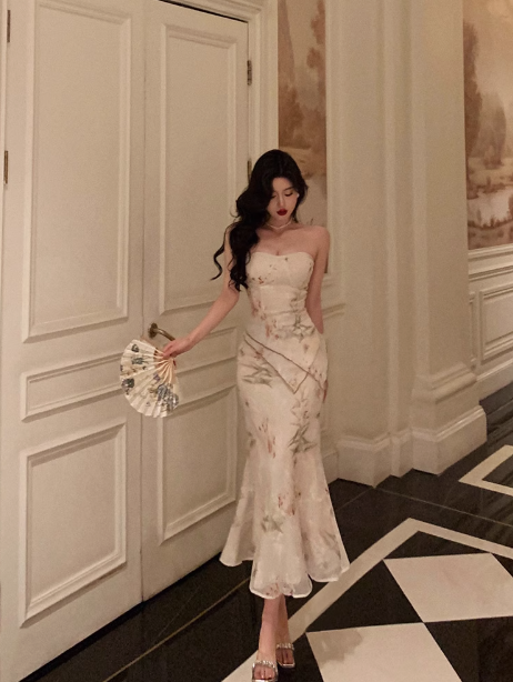 Vestido elegante de sirena sin tirantes, de dos piezas, con estampado floral, para fiesta de 18 cumpleaños, atuendos para 21 cumpleaños, ideas de vestidos de cumpleaños para mujeres DP609