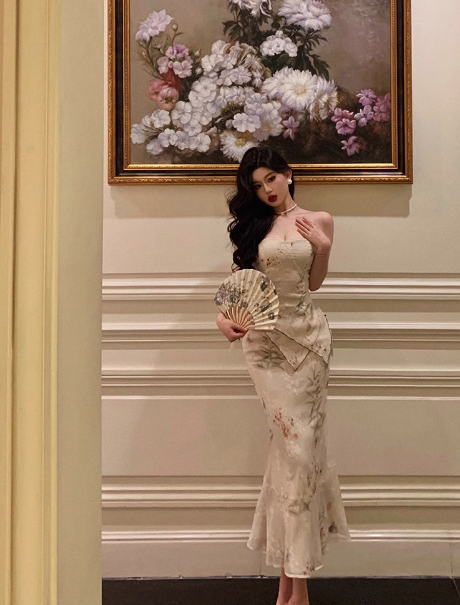 Vestido elegante de sirena sin tirantes, de dos piezas, con estampado floral, para fiesta de 18 cumpleaños, atuendos para 21 cumpleaños, ideas de vestidos de cumpleaños para mujeres DP609