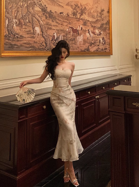 Vestido elegante de sirena sin tirantes, de dos piezas, con estampado floral, para fiesta de 18 cumpleaños, atuendos para 21 cumpleaños, ideas de vestidos de cumpleaños para mujeres DP609