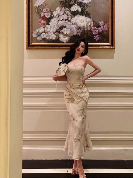 Vestido elegante de sirena sin tirantes, de dos piezas, con estampado floral, para fiesta de 18 cumpleaños, atuendos para 21 cumpleaños, ideas de vestidos de cumpleaños para mujeres DP609