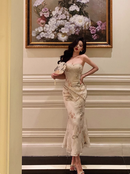 Vestido elegante de sirena sin tirantes, de dos piezas, con estampado floral, para fiesta de 18 cumpleaños, atuendos para 21 cumpleaños, ideas de vestidos de cumpleaños para mujeres DP609