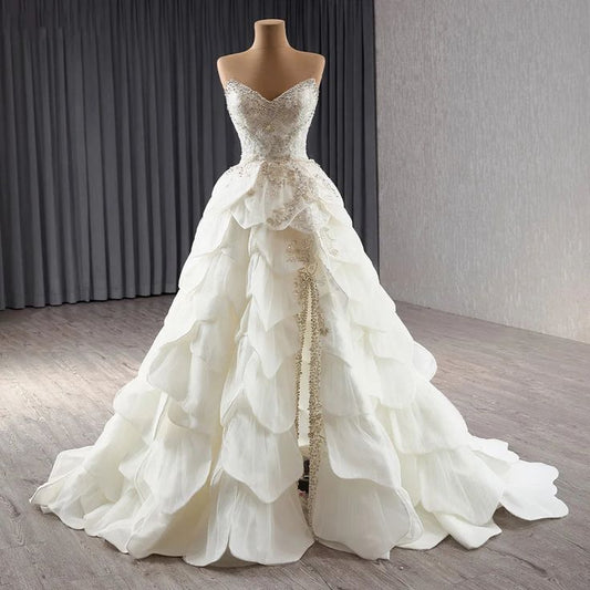 Vestido de novia de lujo, sin mangas, sin tirantes, con lentejuelas y cola, DP610