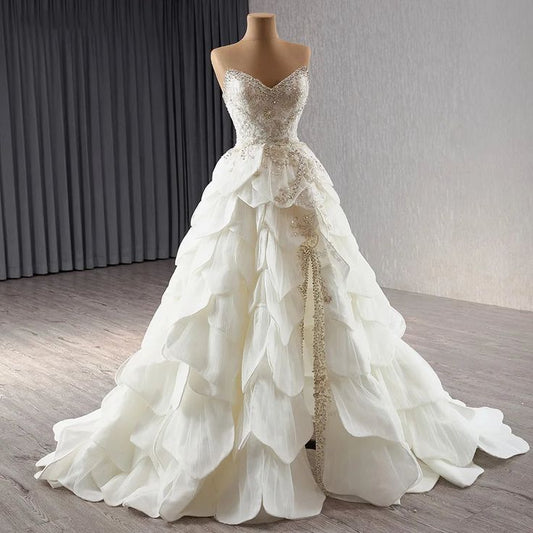 Vestido de novia de lujo, sin mangas, sin tirantes, con lentejuelas y cola, DP610