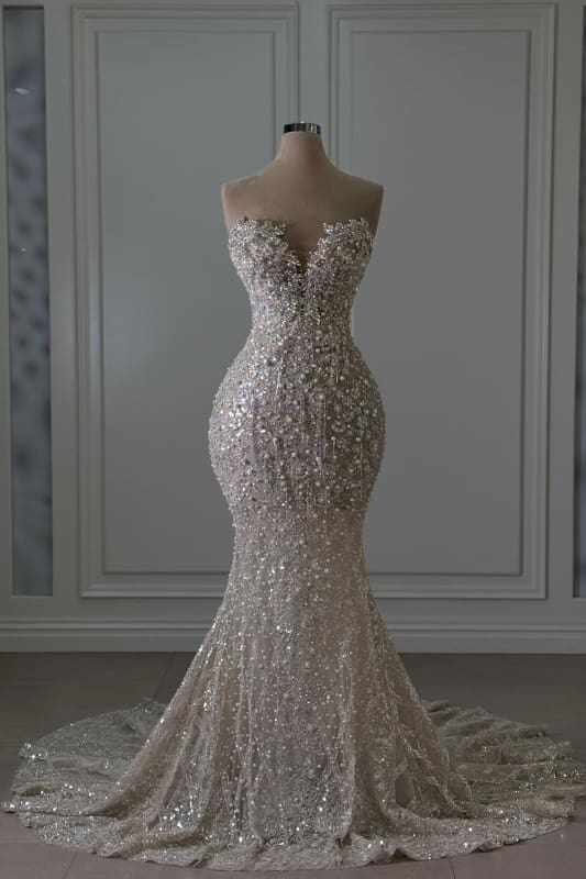 Vestido de novia de lujo con escote corazón, sin mangas, de encaje con cuentas, estilo sirena DP612