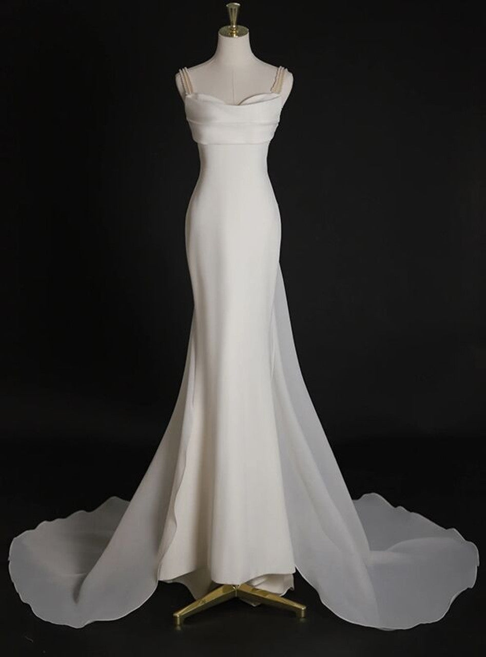 Vestido de novia sencillo de sirena blanca con tirantes y perlas, vestido de novia de verano DP616