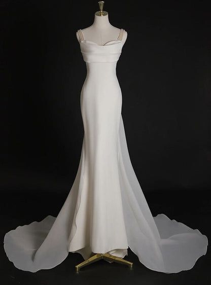 Vestido de novia sencillo de sirena blanca con tirantes y perlas, vestido de novia de verano DP616