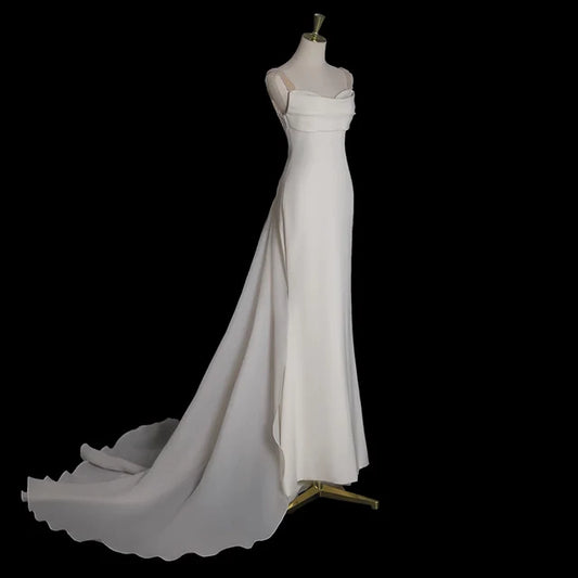 Vestido de novia sencillo de sirena blanca con tirantes y perlas, vestido de novia de verano DP616