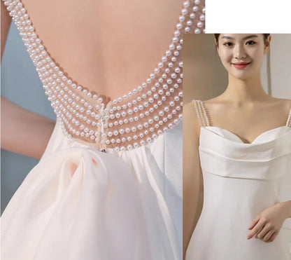 Vestido de novia sencillo de sirena blanca con tirantes y perlas, vestido de novia de verano DP616